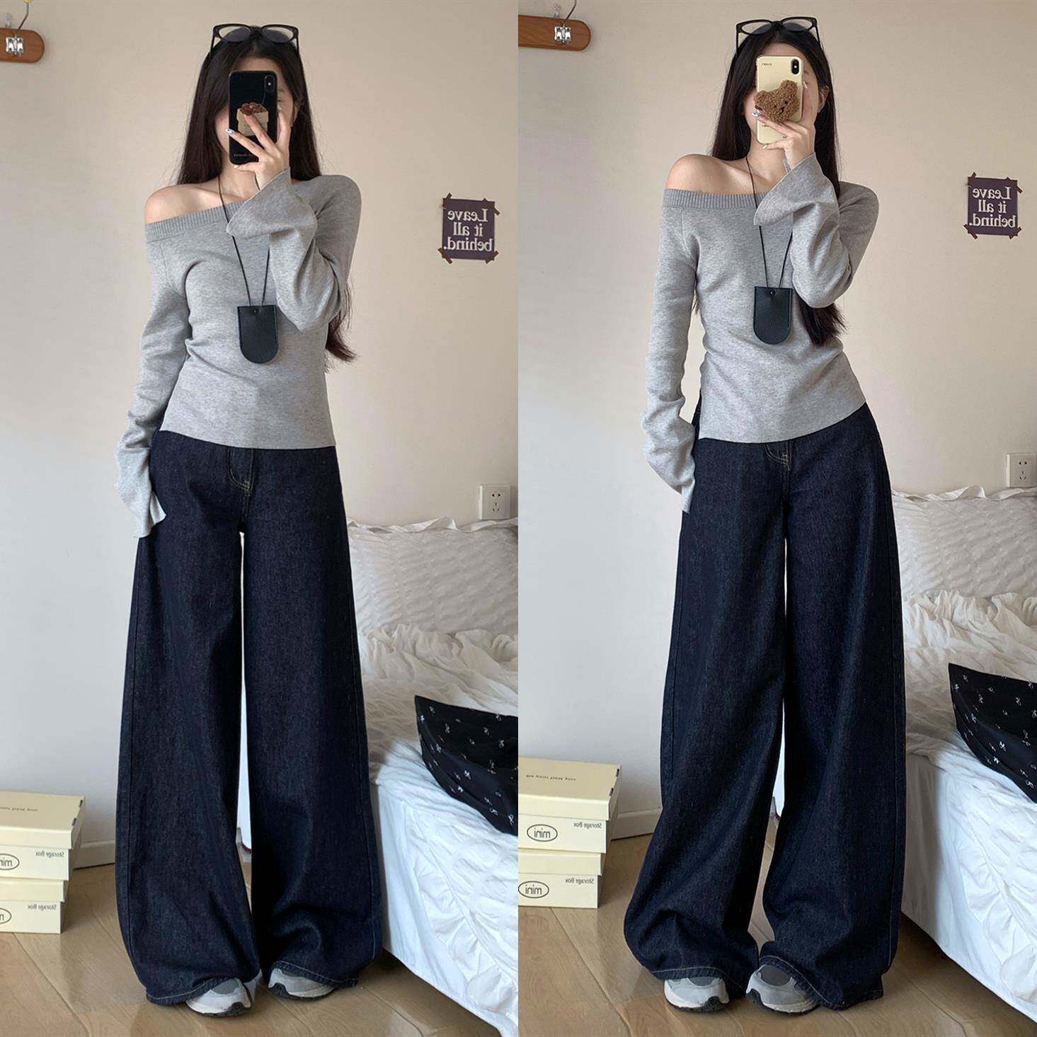 夏季新款慵懒深蓝宽松阔腿弯刀丹宁薄款牛仔裤女休闲小个子直筒裤