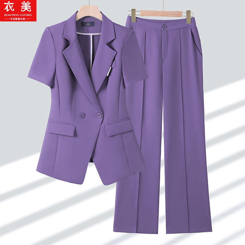 高级感紫色短袖西装外套女款 通勤风夏季薄款休闲西服套装图片