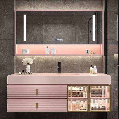 肤感可丽耐一体盆卫浴橡木浴室柜挂墙式智能洗脸盆洗手洗漱台简约