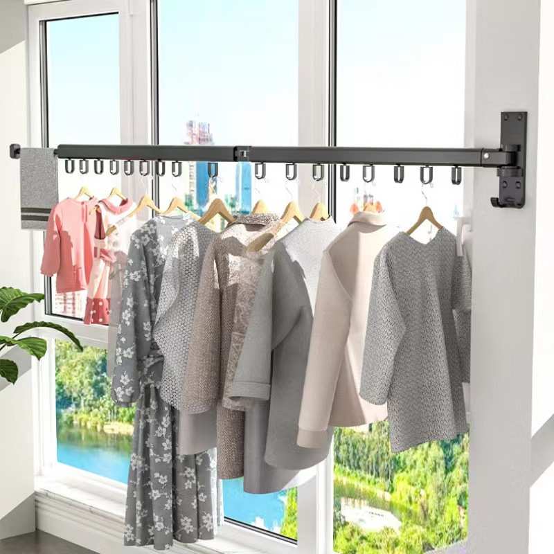 室内隐形晾衣架壁挂飘窗折叠外伸小型伸缩凉衣杆免打孔阳台晒衣服