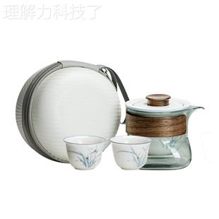 014手绘幽兰旅便行茶具一人壶二杯携式 拓快客杯纯LXCJ 单双户土外