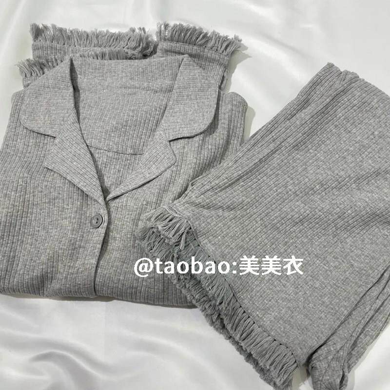 2025新款韩版情侣纯色睡衣女春秋长袖简约流苏高级感男家居服套装