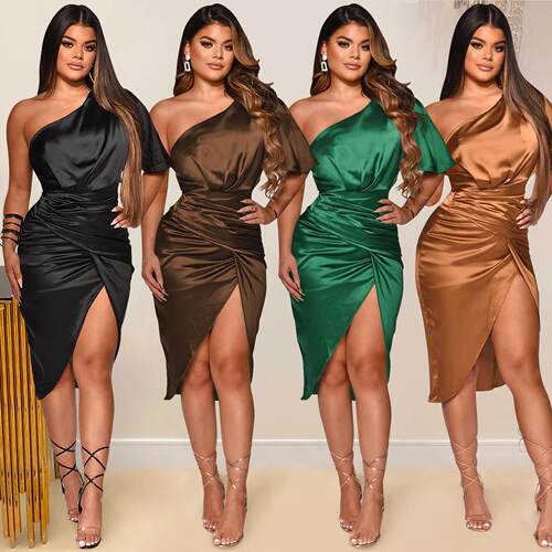 Women's single shoulder split mid skirt dress