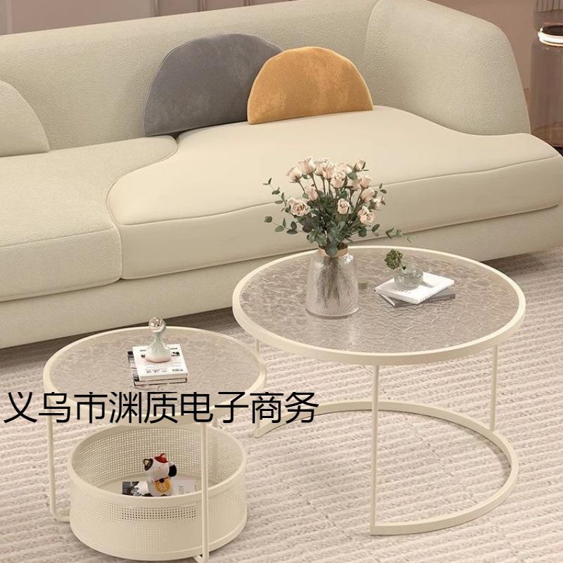 客厅家用桌一体组合小户型钢化玻璃圆几简约现代茶几