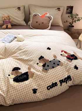 加厚全棉磨毛四件套纯棉被套被罩毛巾绣单人床三件套床单床笠款