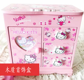 HELLO KITTY卡通可爱首饰盒 木质 镜子 戒槽 挂钩