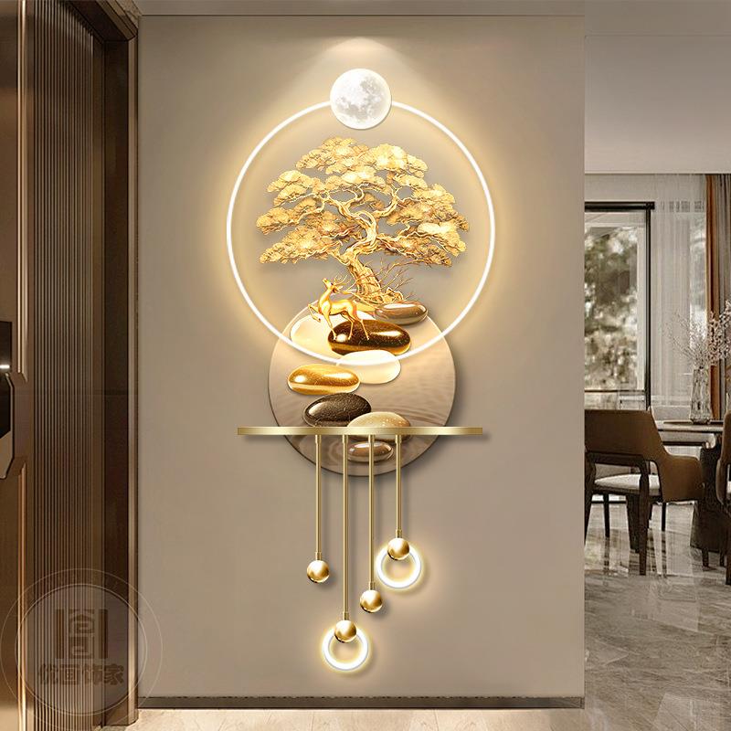 入户正对门发财树玄关装饰画新中式走廊过道挂画立体轻奢发光壁画