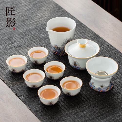 珐瑯彩功夫茶具办公室用整套盖碗茶杯套装主人杯陶瓷茶具2025新款