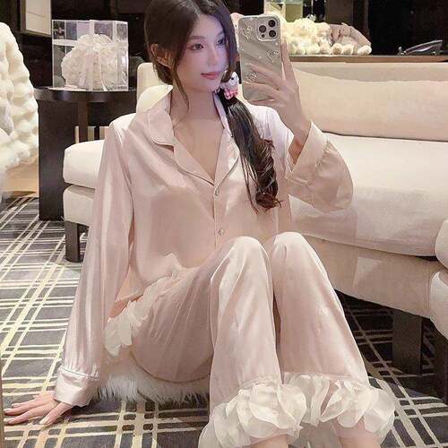 长袖睡衣女秋冰丝款春2026新款蝴蝶印花甜美气质长裤家居服0917e