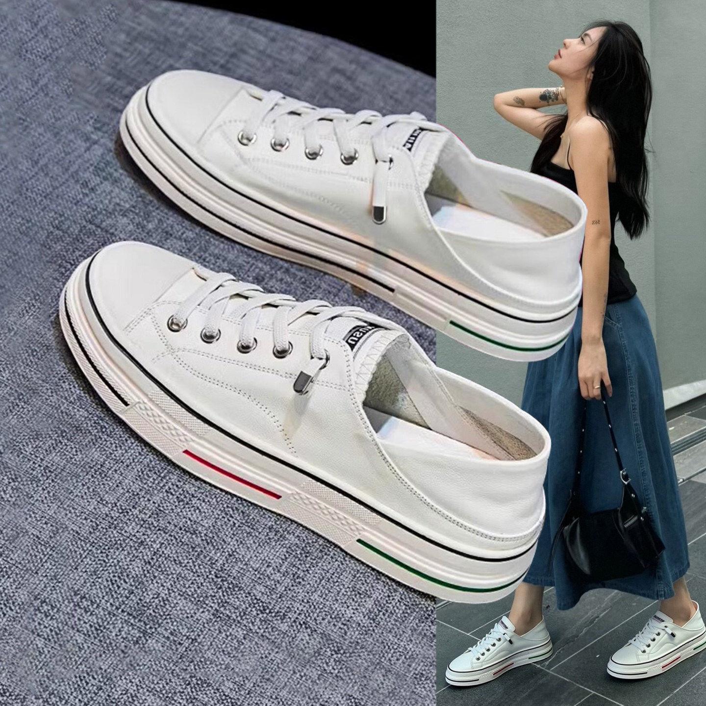香港真皮增高小白鞋女2026春新款透气韩版百搭单鞋平底帆布鞋板鞋
