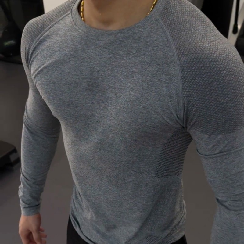 无缝大秋冬健身服弹性快干运动长袖透气修身训练服男士上衣