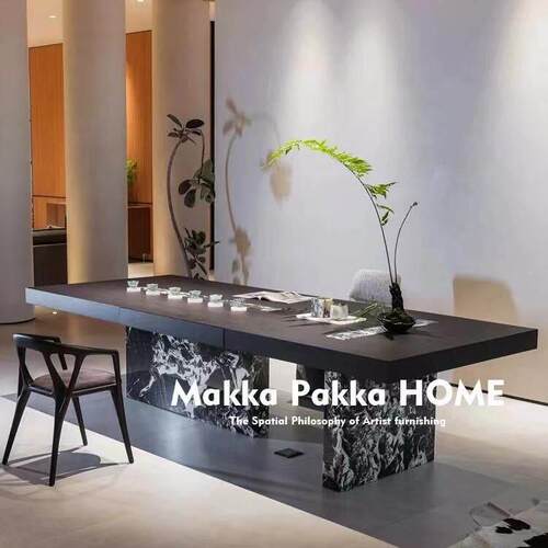 新中式岩板大理石茶桌简约意式极简实木大板办公室家用餐桌泡茶台