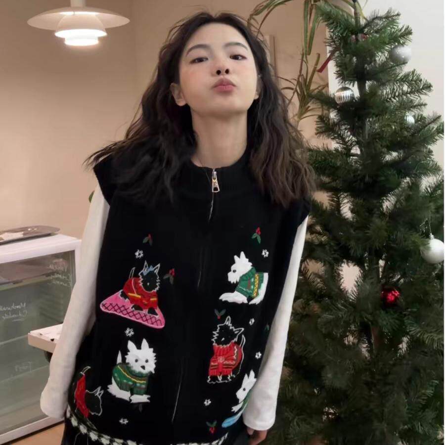 超重工!黑色卡通刺绣针织马甲外套女秋装新款宽松无袖叠穿上衣潮