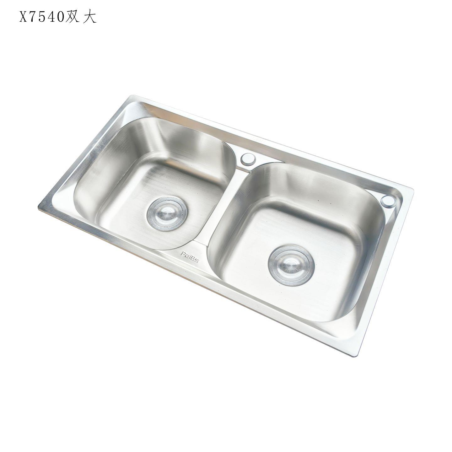 304不锈钢双槽厨房水槽 加厚一体洗碗池 75x40cm左右同胆水盆
