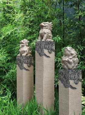 中式彷石雕拴马桩户外别墅门口庭院花园布置装饰狮子貔貅麒麟摆件