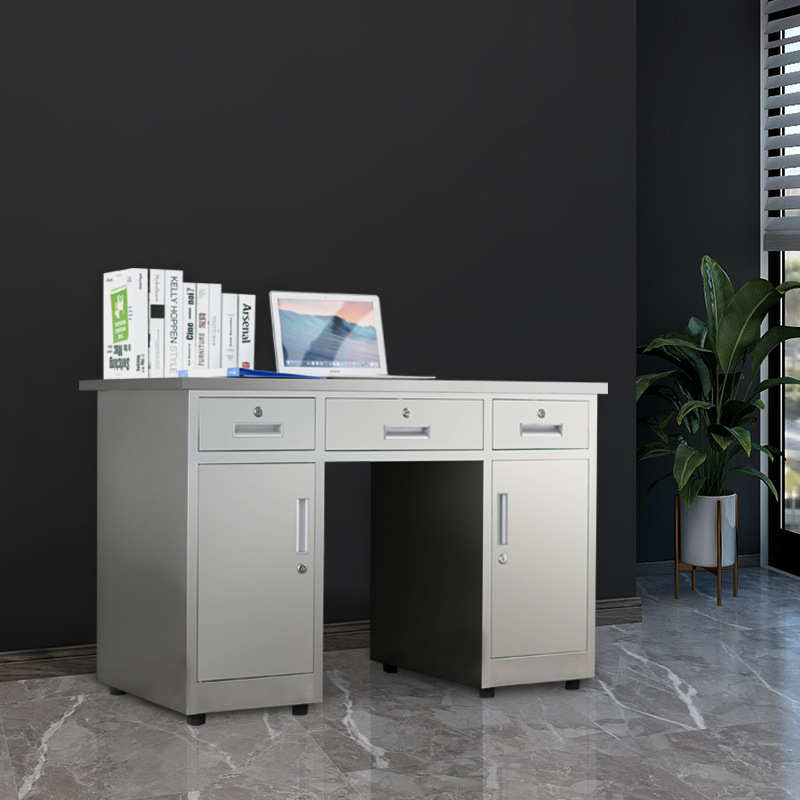 304加厚不锈钢办公电脑桌工作台带锁收银写字操作台带抽屉柜