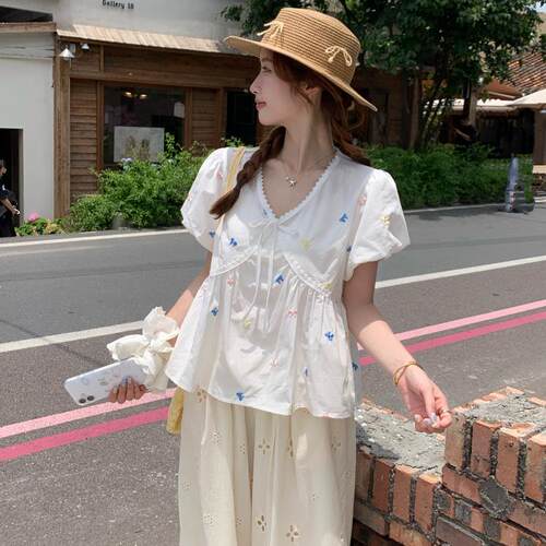 高端小资大尺码胖mm度假风宽松短袖上衣女2026夏季甜美系带V0415k