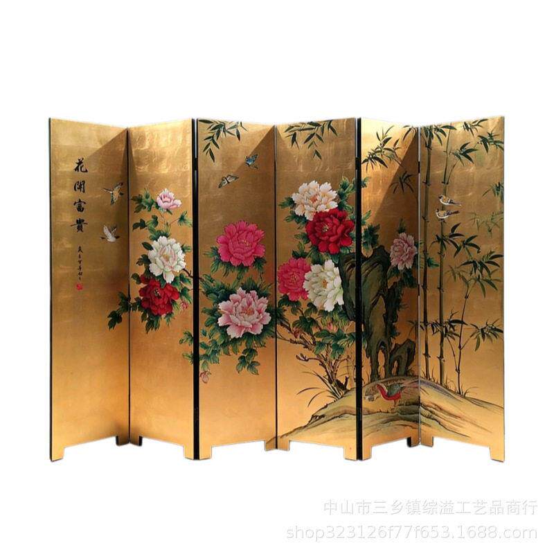 金箔手绘花开富贵锦上添花中式客厅屏风酒店茶室背景隔断移动折屏
