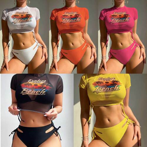 Mesh printed top for three women, swimsuit, bikini set for