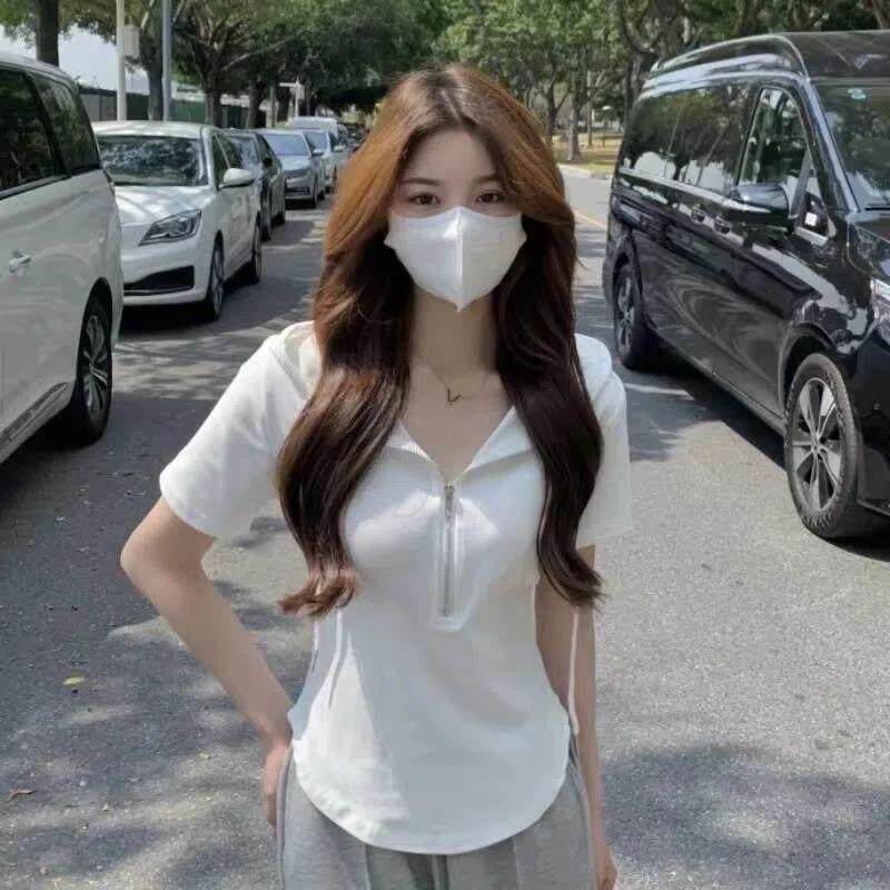 拉链连帽短袖t恤女夏季韩版新修身设i计感短款学生女装上衣ns