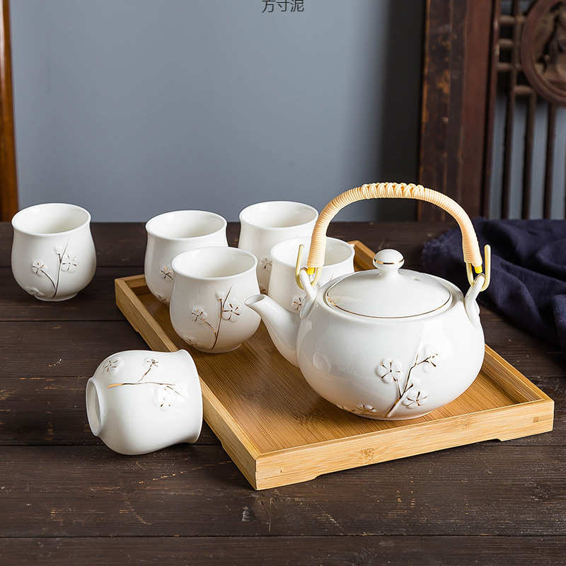 手工描金 景德镇提梁陶瓷茶具套装家用现代简约泡茶壶茶杯 画文伍