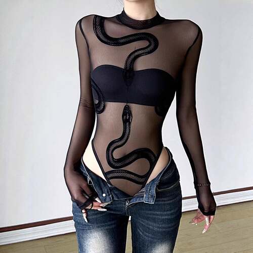 Sexy Y2K Subculture Gothic Snake Print Sheer Mesh Top for