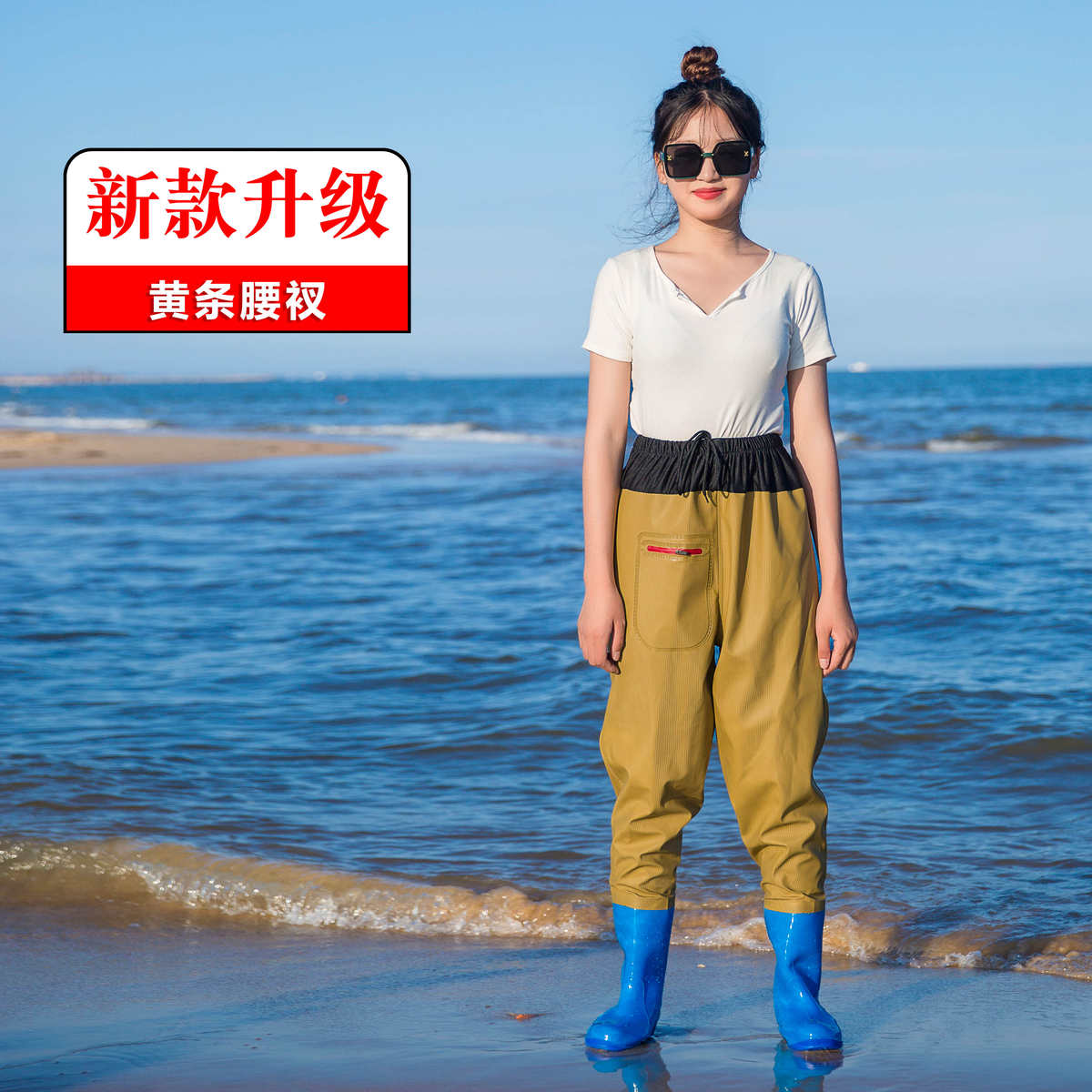 款下水沙滩连体女裤钓鱼裤捕鱼儿童半身雨鞋雨防水童大裤全身加厚