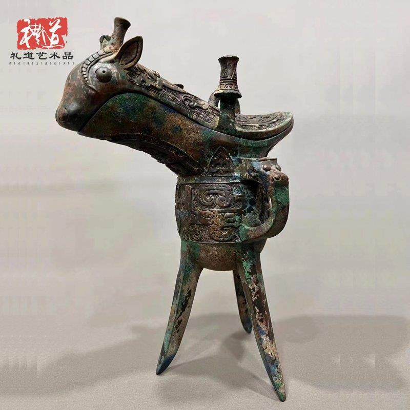 高锡青铜器仿古父乙角牛头角酒爵饮酒器具酒樽工艺品摆件精工古玩