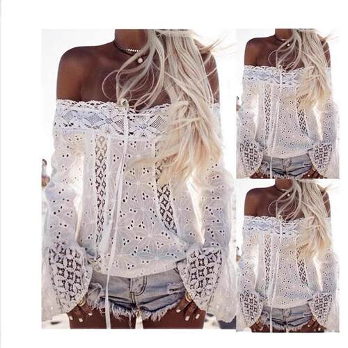 Women's white one shoulder flared sleeve lace top with off