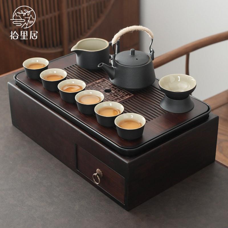 功夫茶具全套茶盘白瓷紫砂茶壶茶杯多功能收纳茶几家庭礼品