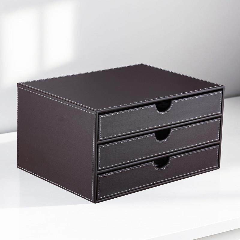 桌面文件柜三层A4抽屉式桌面收纳盒办公用品商务创意皮质资料柜
