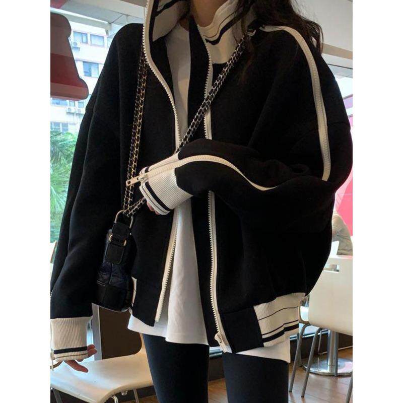 大码胖妹妹慵懒风立领棒球服外套女春秋冬宽松休闲拼接设计感上衣