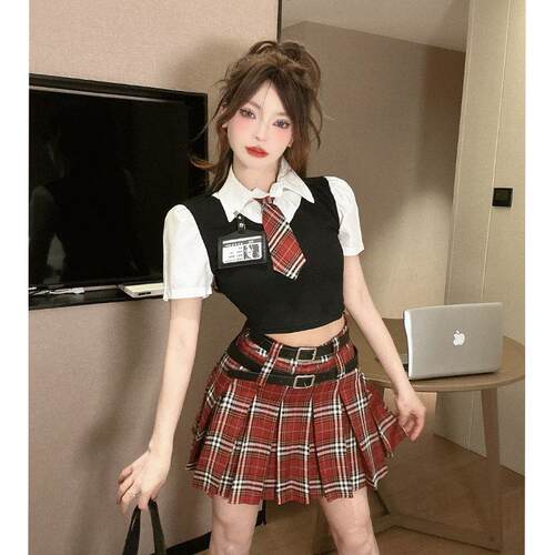 美国大学风格夏季制服假两件套短袖上衣性感辣妹格纹裙两件套女装