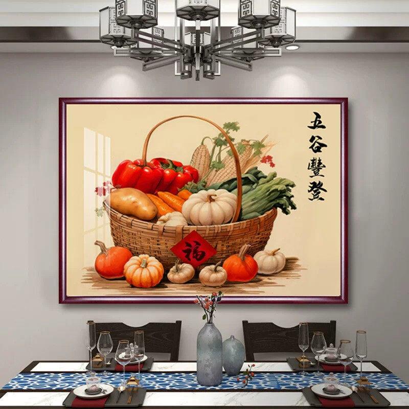 五谷丰登餐厅壁画饭店玄关装饰画百财白菜图瓜果蔬菜丰收背景挂画