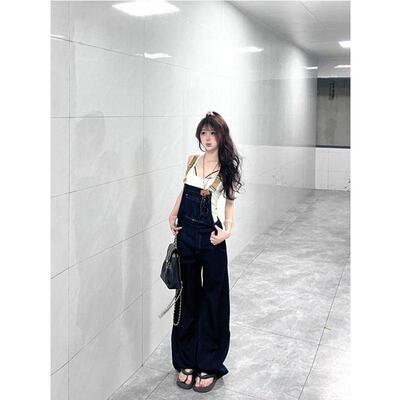 深蓝小个子牛仔背带裤女秋季韩系覆古减龄慵懒风百搭直筒休闲长裤