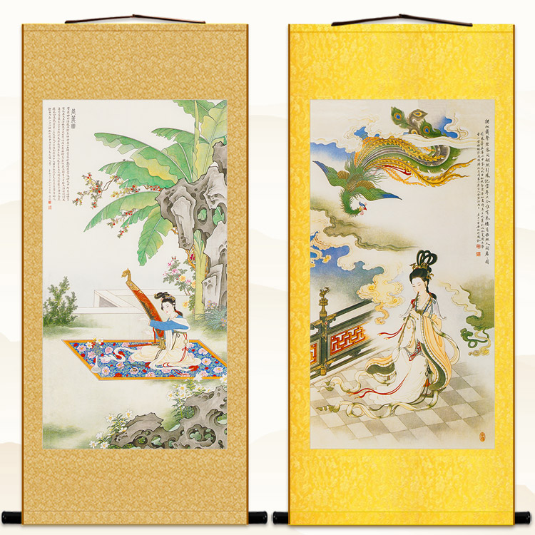 吹箫引凤图 箜篌图仕女抚琴人物卷轴挂画 书房绢布丝绸装饰画定制