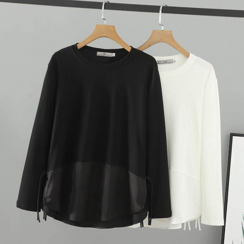 春装大码女装胖mm新款2026长袖国风新中式提花上衣女圆领拼接T恤