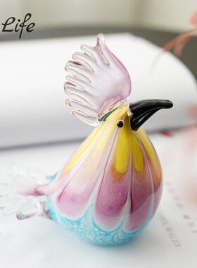艺术琉璃鹦鹉鸟混彩摆件轻奢手工吹制动物客厅样板间酒店软装装饰
