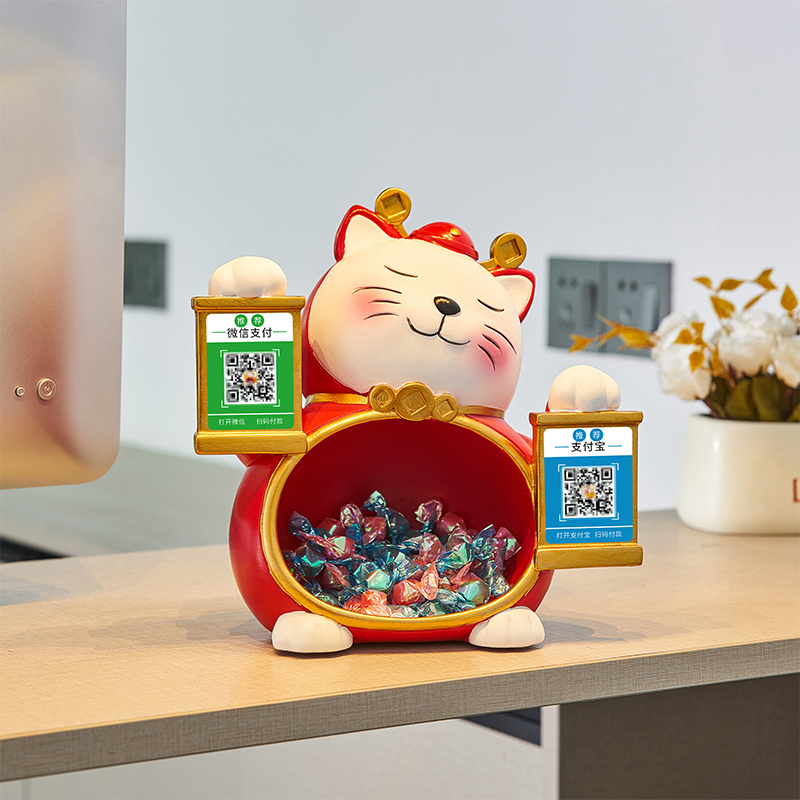 招财猫收钱二维码收银台摆件新店铺开业大吉蛋糕餐饮店前台装饰品