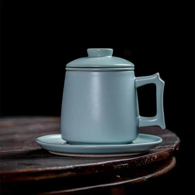 汝窑茶杯陶瓷办公泡茶大容量马克杯高档带盖过滤水杯开片可养杯子