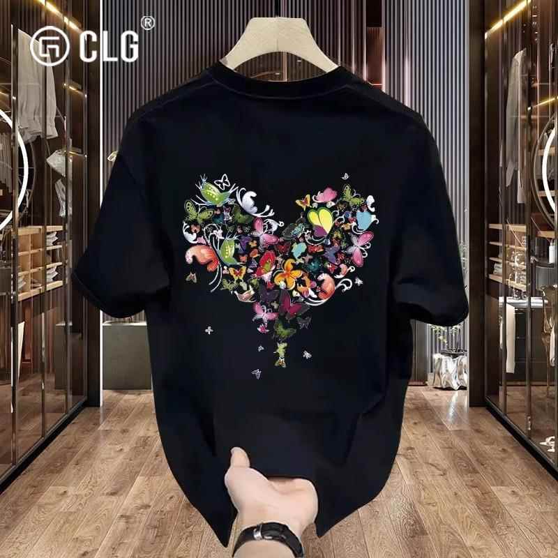 香港CLG潮牌260g重磅蝴蝶爱心印花黑色短袖T恤圆领纯棉休闲打底衫