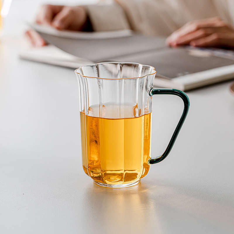 中式海棠花大容量耐高温带把玻璃水杯果汁杯牛奶杯啤酒杯茶杯杯子