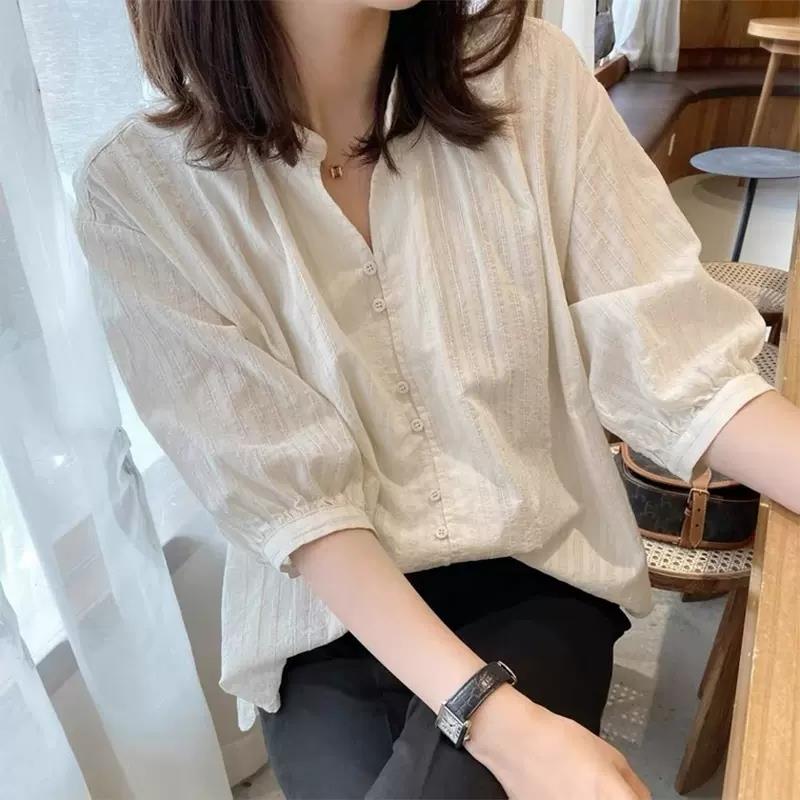 欧洲站正肩衬衫女时尚洋派2025年夏季新款大尺码亚麻棉麻七分袖上