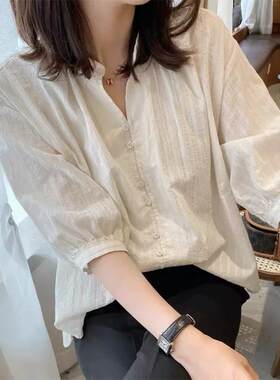 欧洲站正肩衬衫女时尚洋派2025年夏季新款大尺码亚麻棉麻七分袖上