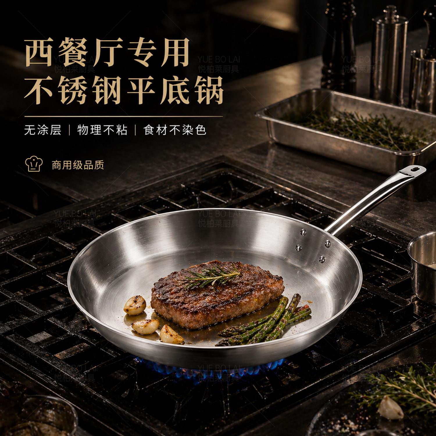 不锈钢不粘平底锅商用义大利面锅牛排煎锅西餐锅电磁炉专用厚底锅