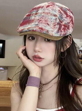帽子日系扎染红格纹前进帽女2026新款复古百搭显脸小鸭舌0911d
