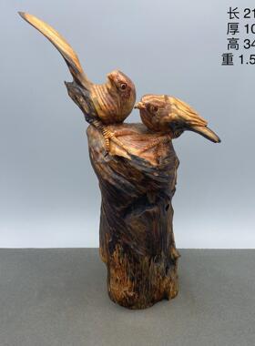 琥珀木报喜鸟书桌雕摆件手工工艺礼品摆饰家居装饰松香木雕艺术品