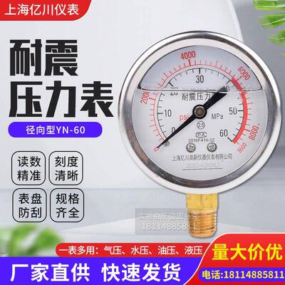 压力表YN601/4螺纹耐震径向压力油压水压气压0-1.6/100MPa多量程