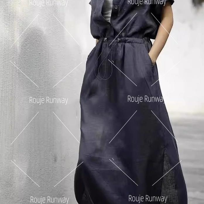 法式Rouje Runway冷淡风气质长裙女高级感覆古收腰亚麻洋装女夏