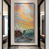现代风景玄关客厅餐厅挂画大芬油画村手绘装 饰画夕阳海浪肌理油画